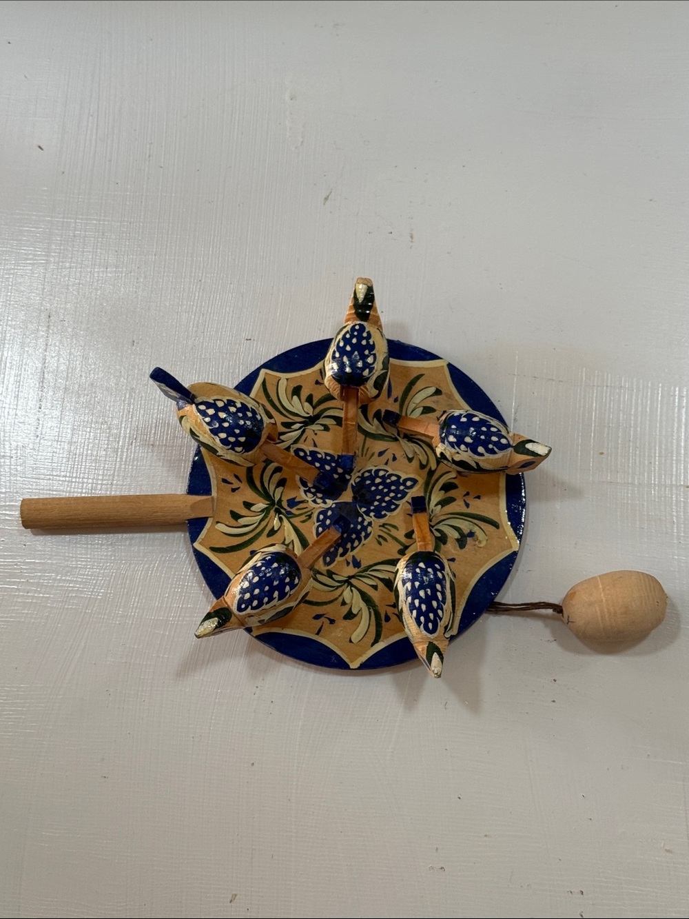 Russian Hand Painted Wooden Spinner with Blue & Tan Hen Chicken Bird Accents